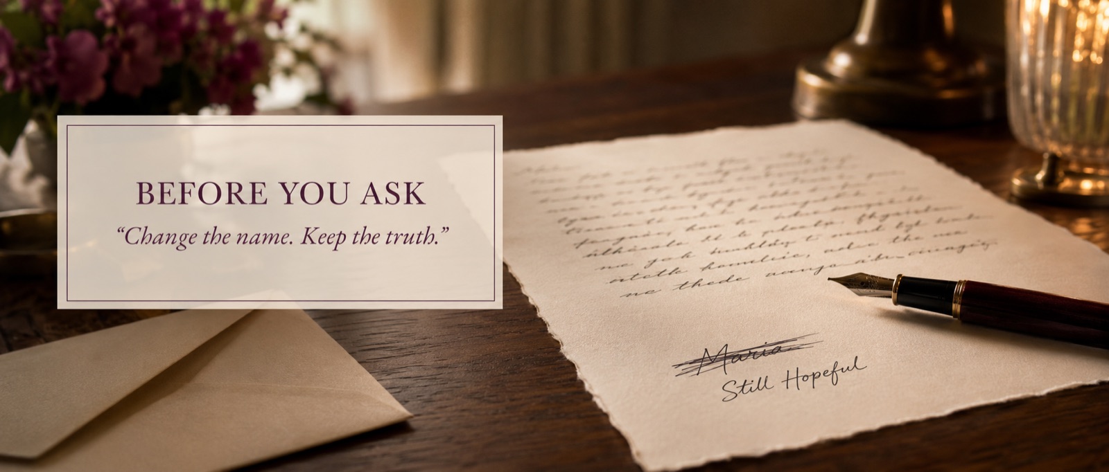 Before you ask &mdash; a quiet writing desk in warm lamplight, pen resting beside blank paper: take your time, say it the way you would at the kitchen table