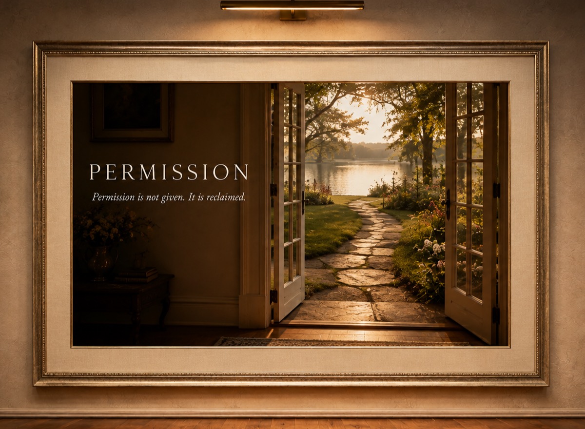 A framed painting under a brass gallery light: French doors standing open onto a stone garden path that leads down to the water