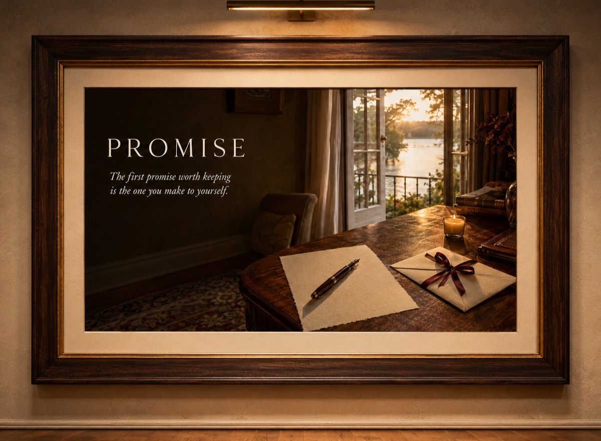 A framed painting under a brass gallery light: a writing desk at golden hour with a fountain pen, a blank page, a lit candle, and an envelope tied with a ribbon