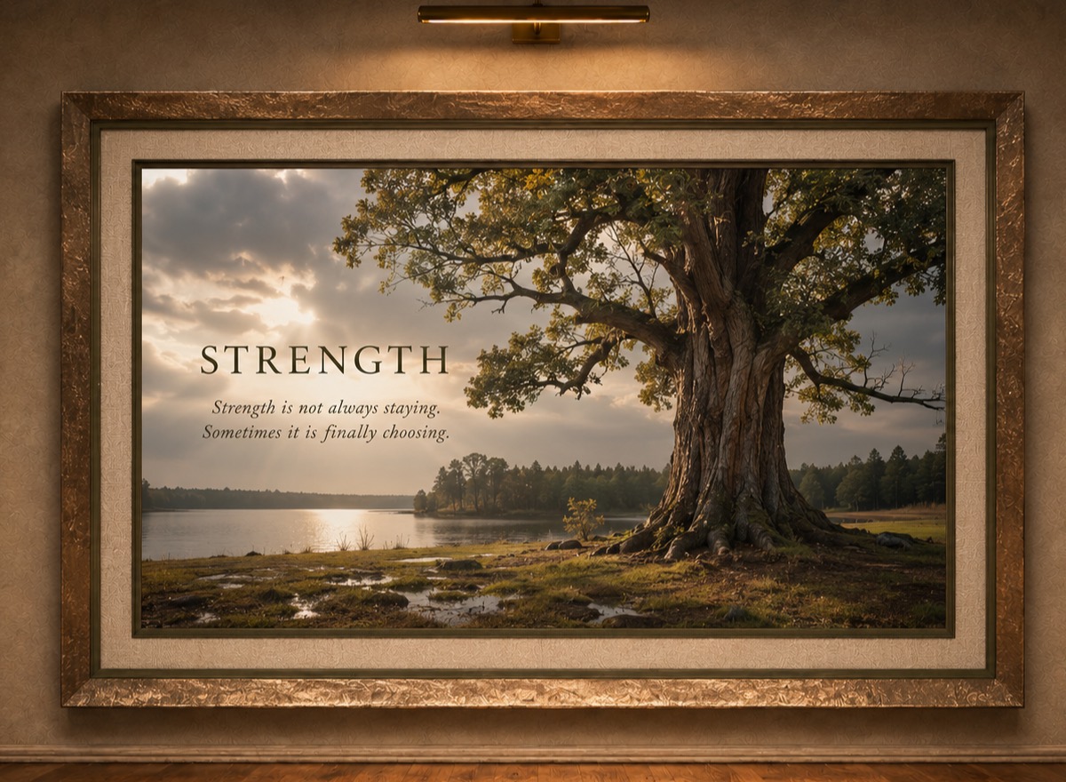 A framed painting under a brass gallery light: a great oak standing at the edge of a lake as storm clouds break into sunlight
