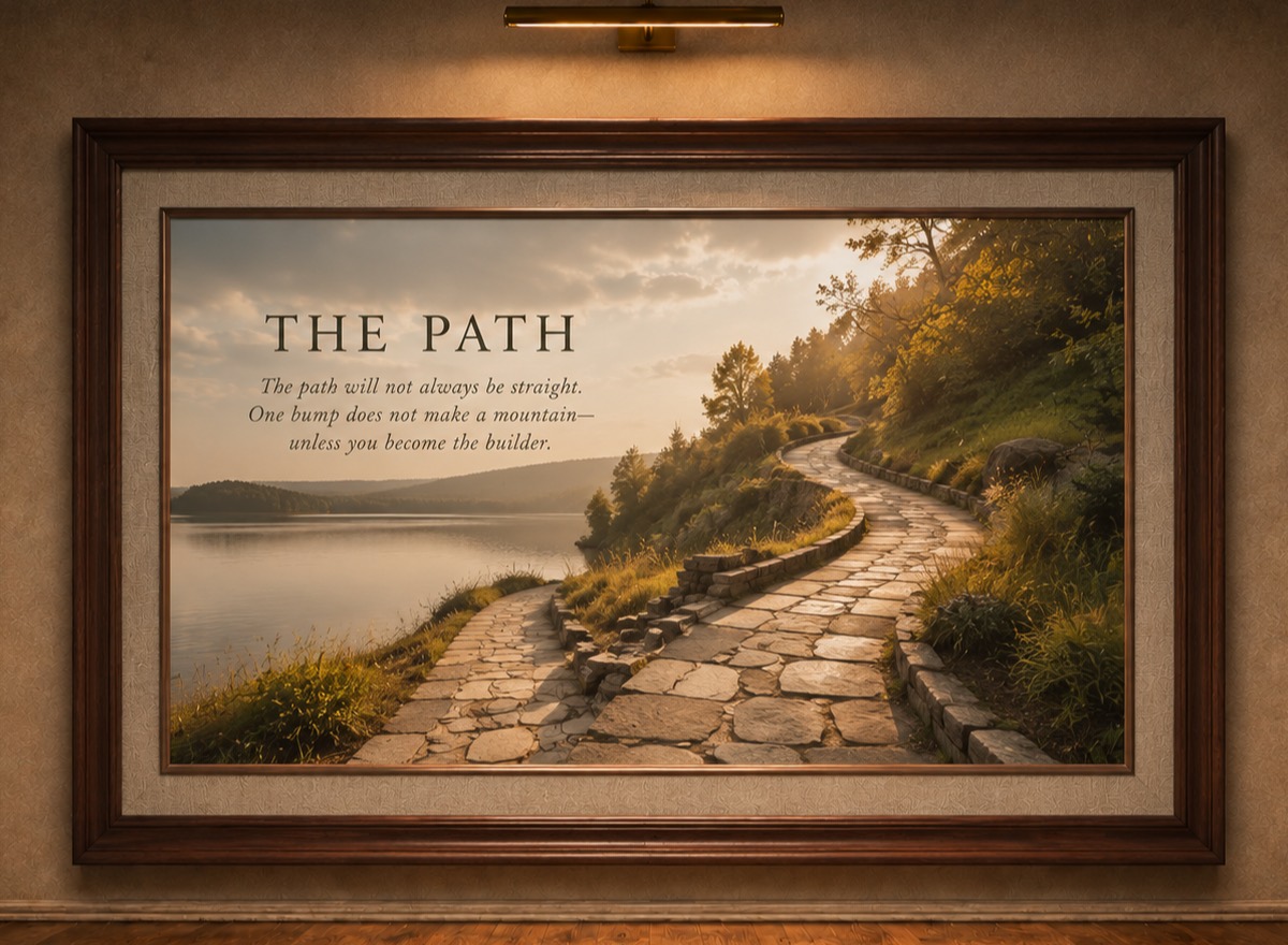 A framed painting under a brass gallery light: a winding stone path along a hillside above still water, morning light on the way ahead