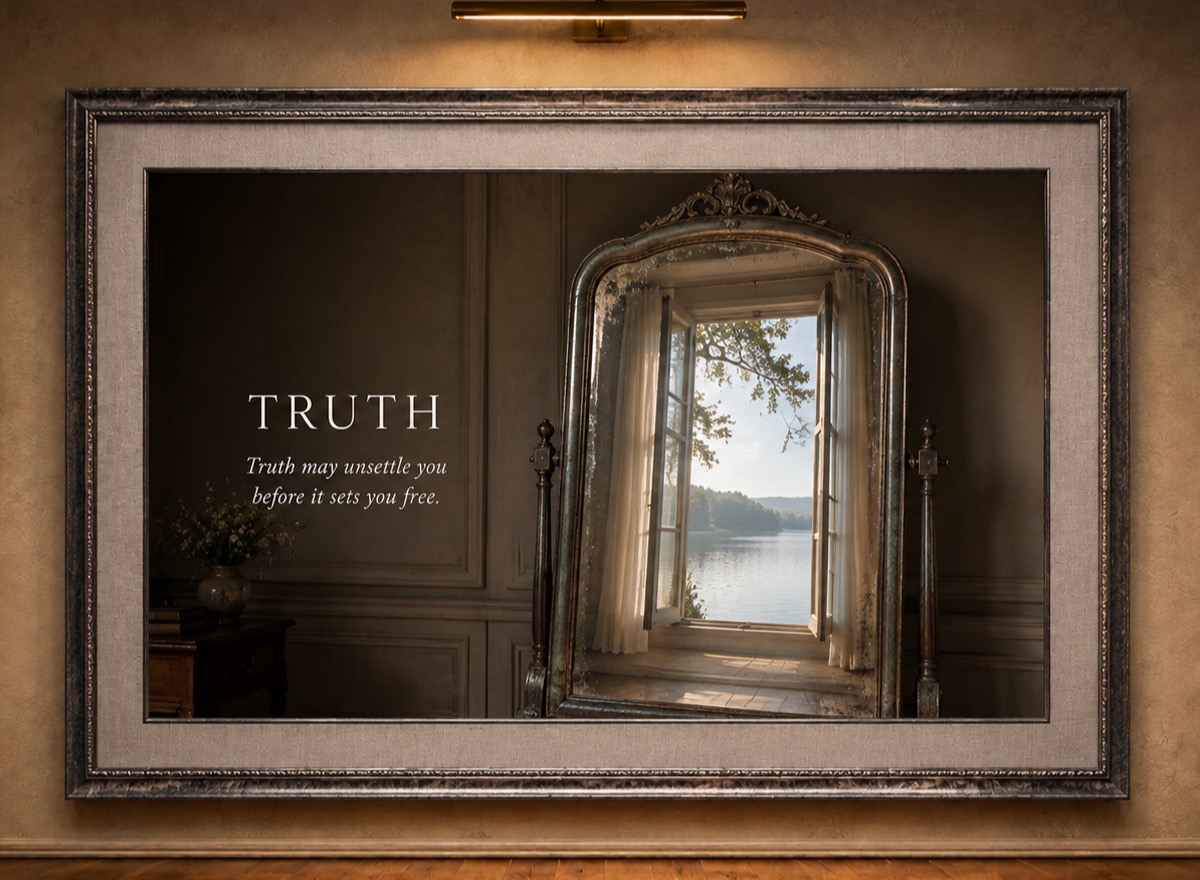 A framed painting under a brass gallery light: an antique standing mirror beside an open window, morning light on a still lake beyond