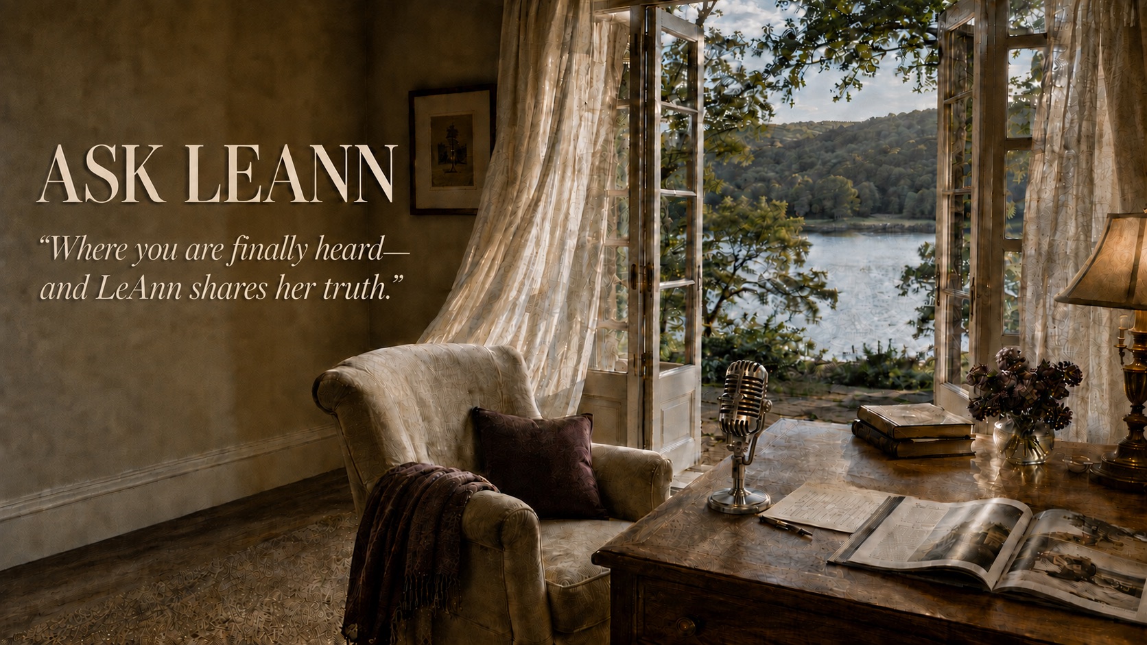 Ask LeAnn &mdash; a reading chair and a lone microphone by open doors to the lake: &lsquo;Where you are finally heard &mdash; and LeAnn shares her truth.&rsquo;