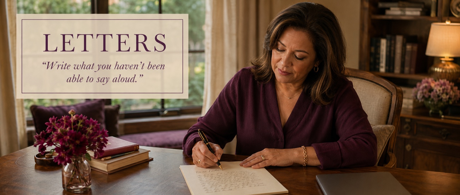 The Letter &mdash; an opened envelope on a writing table by the window: one letter, chosen and carried into the room