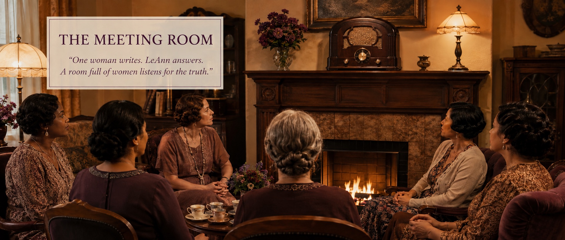 The Meeting Room — women gathered by the fire around an old radio, listening together: one woman writes, LeAnn answers, a room full of women listens for their truth
