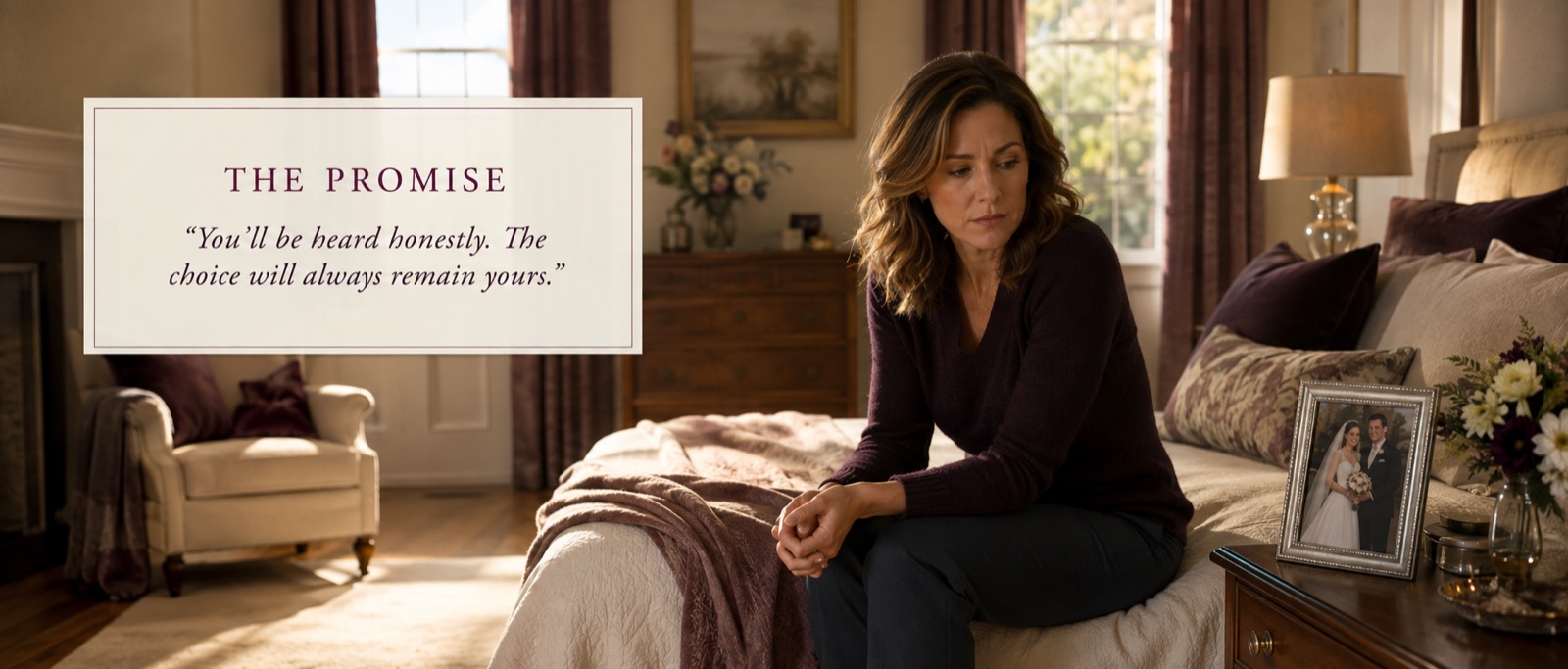 The Promise &mdash; a woman sitting on the edge of her bed in morning light: you will be heard honestly, and the choice will always remain yours