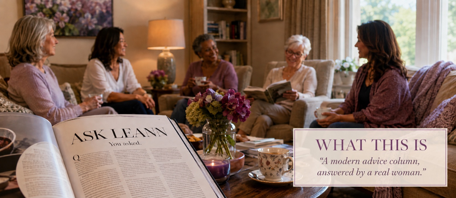 Welcome &mdash; a magazine open to the Ask LeAnn column, in a room of women talking: a modern advice column, answered by a real woman